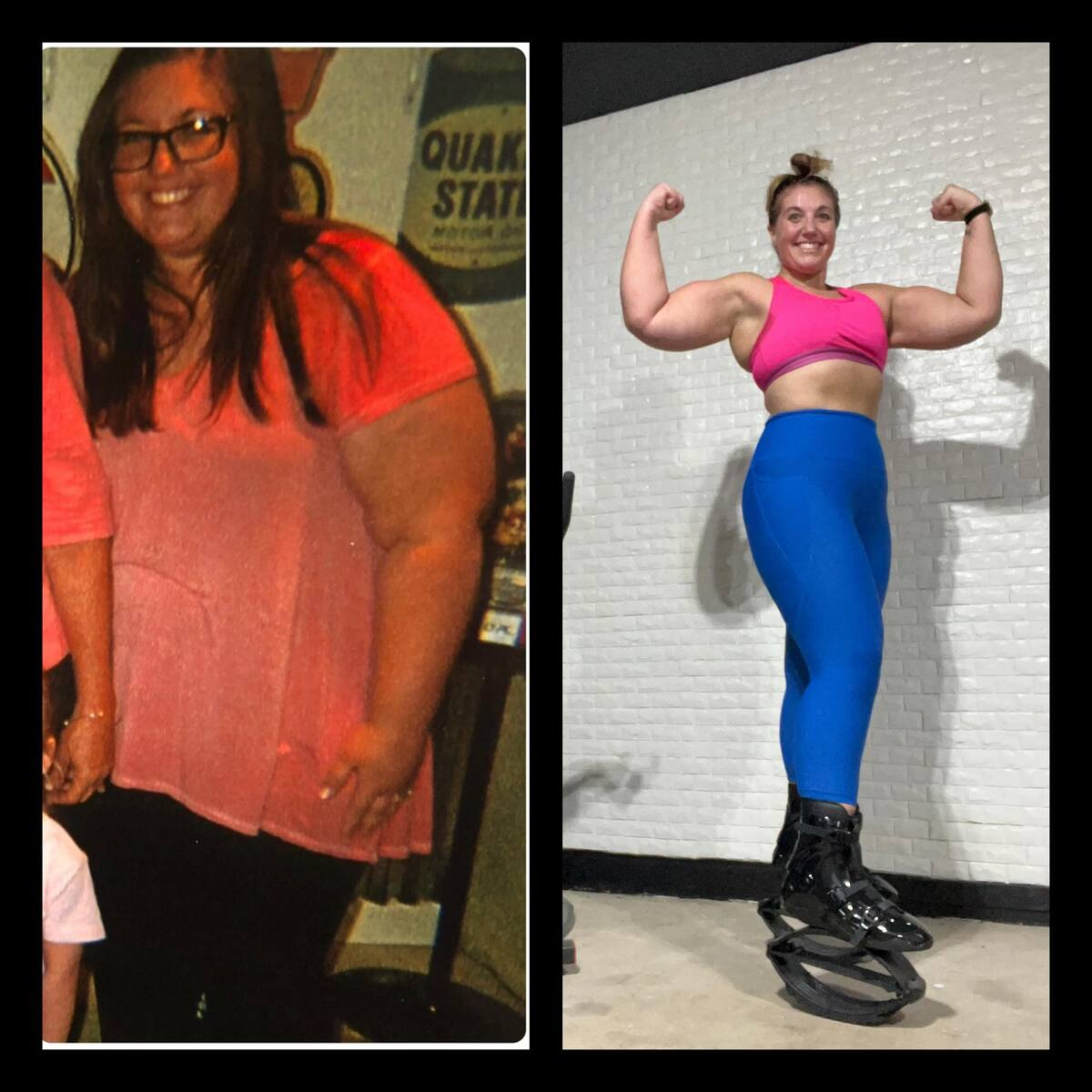 Before and after transformation of a person in fitness attire against a white brick wall.