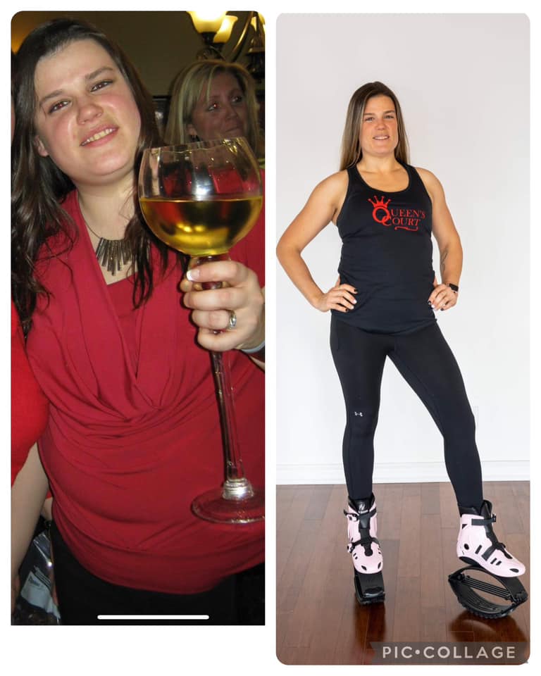 Before and after transformation collage of a woman holding a glass of wine and then exercising.