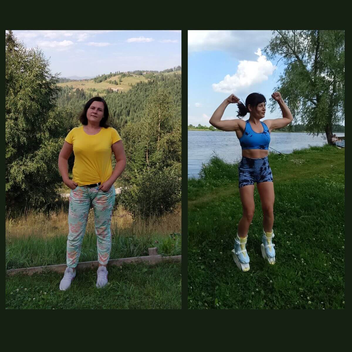 Two women outdoors; one in a yellow shirt and patterned pants, the other in athletic wear by a lake.